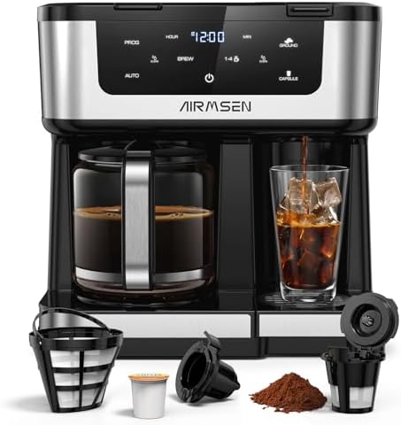 AIRMSEN 12-Cup Programmable Dual Coffee Maker – Single Serve Machine for K-Cup Pods & Ground, 1000W Fast Brew, Delay Start, 2H Keep Warm, Touchscreen, 60oz Tank, Glass Carafe – Home & Office